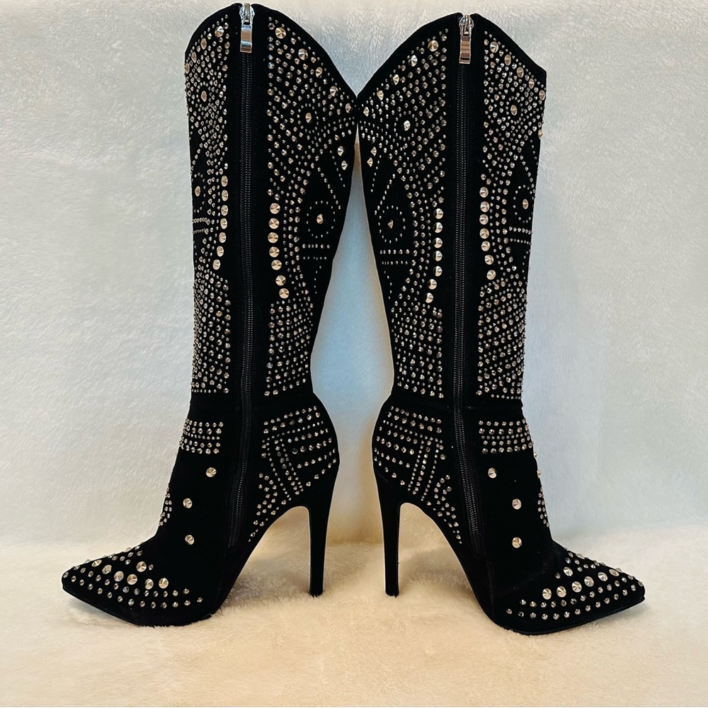 Olivia Miller Women’s Black Suede Heel Boot With Silver Embellished